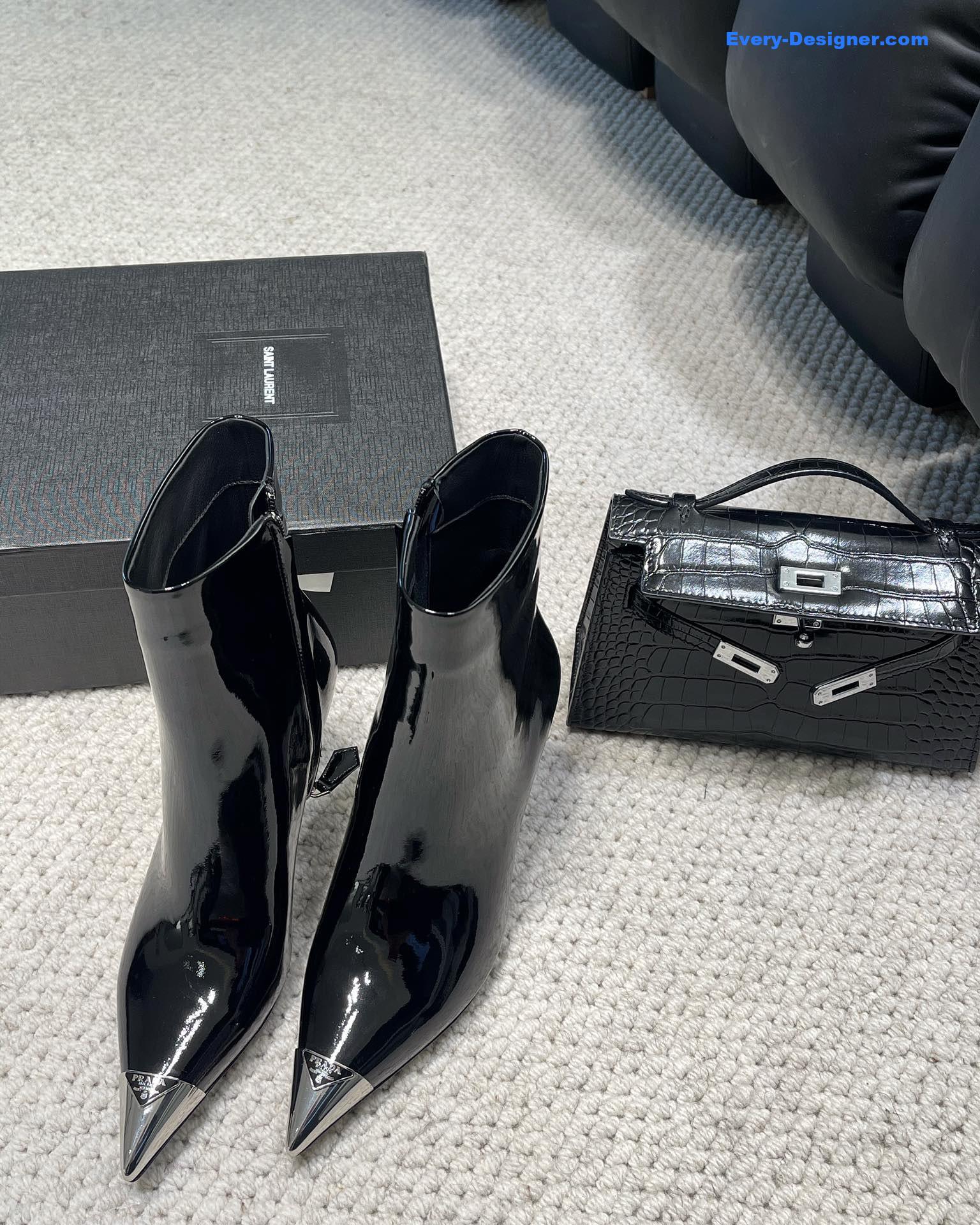 Pra*a autumn winter iron toe triangle logo ankle boots