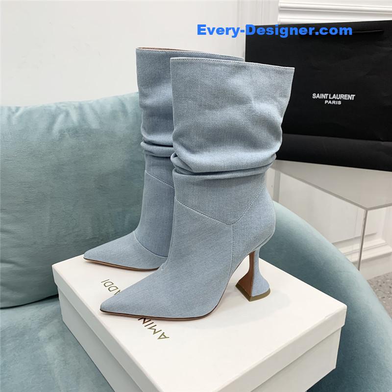 Amina Muaddi wine glass heel pleated high heel boots