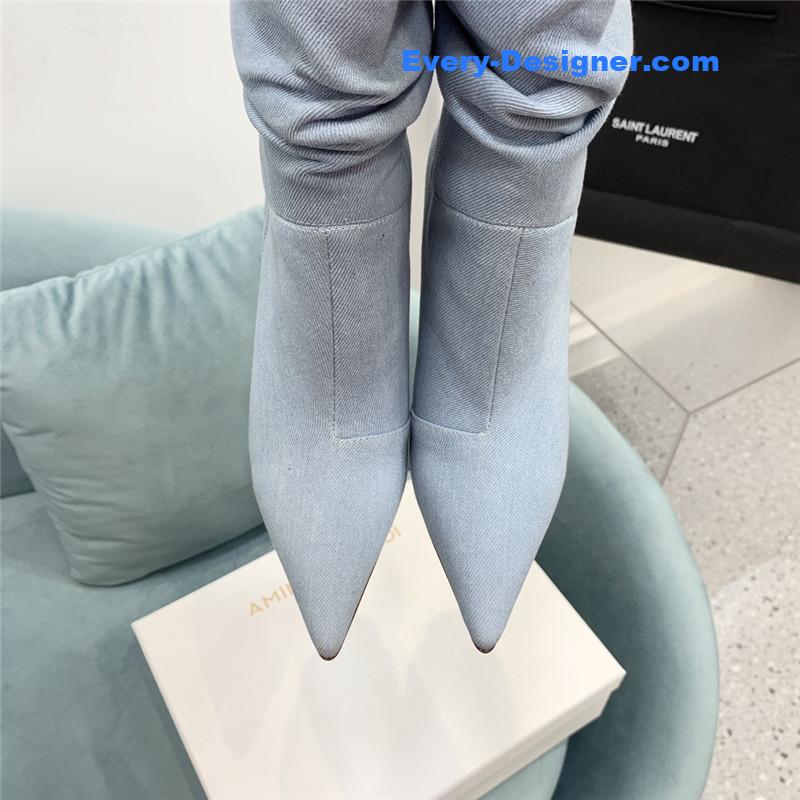 Amina Muaddi wine glass heel pleated high heel boots