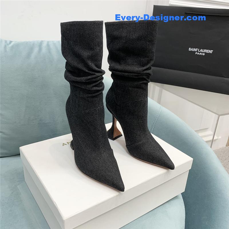 Amina Muaddi wine glass heel pleated high heel boots