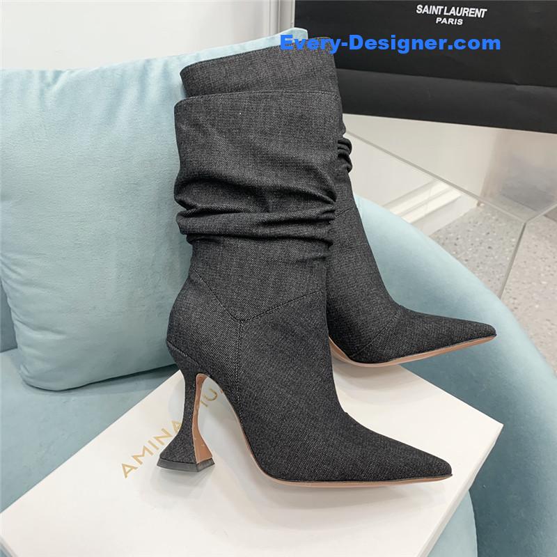 Amina Muaddi wine glass heel pleated high heel boots