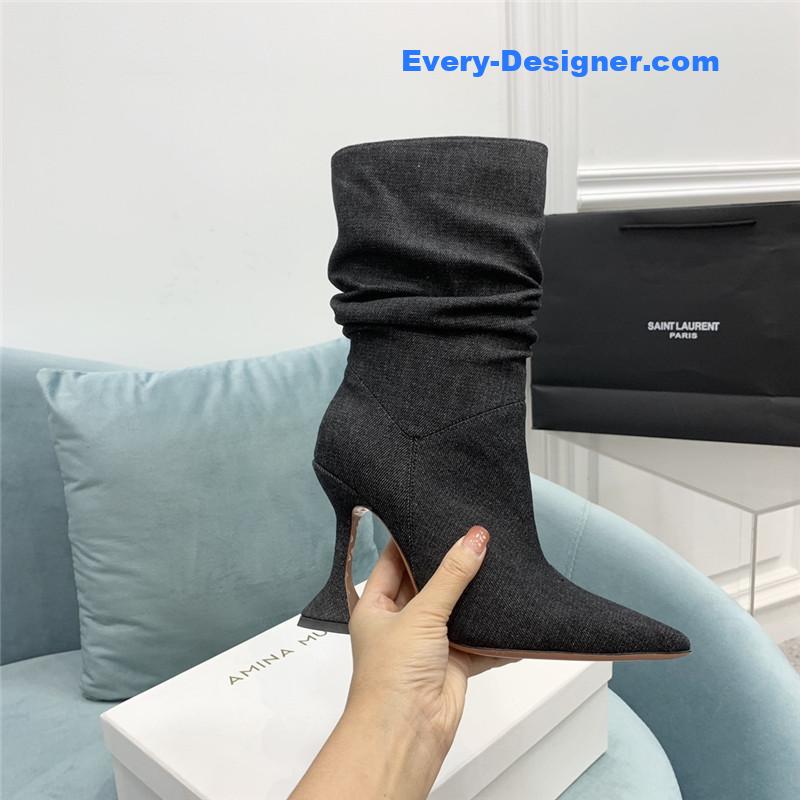 Amina Muaddi wine glass heel pleated high heel boots