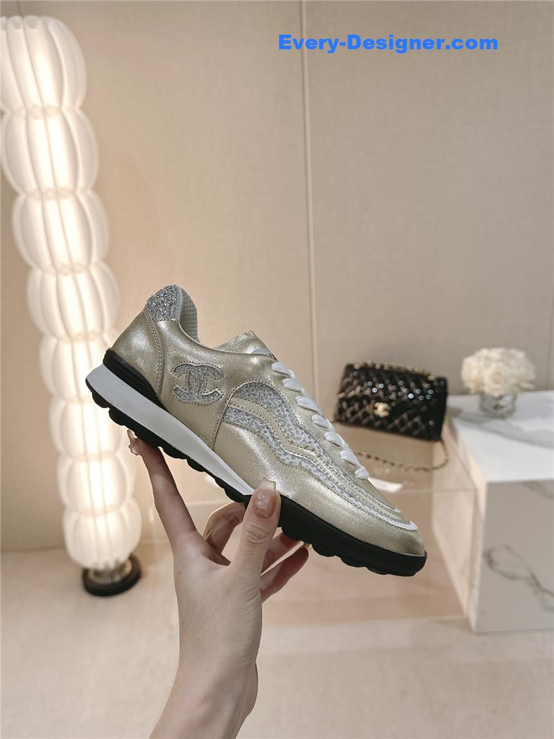 Ch**el gold laminated suede quilted cc sneakers