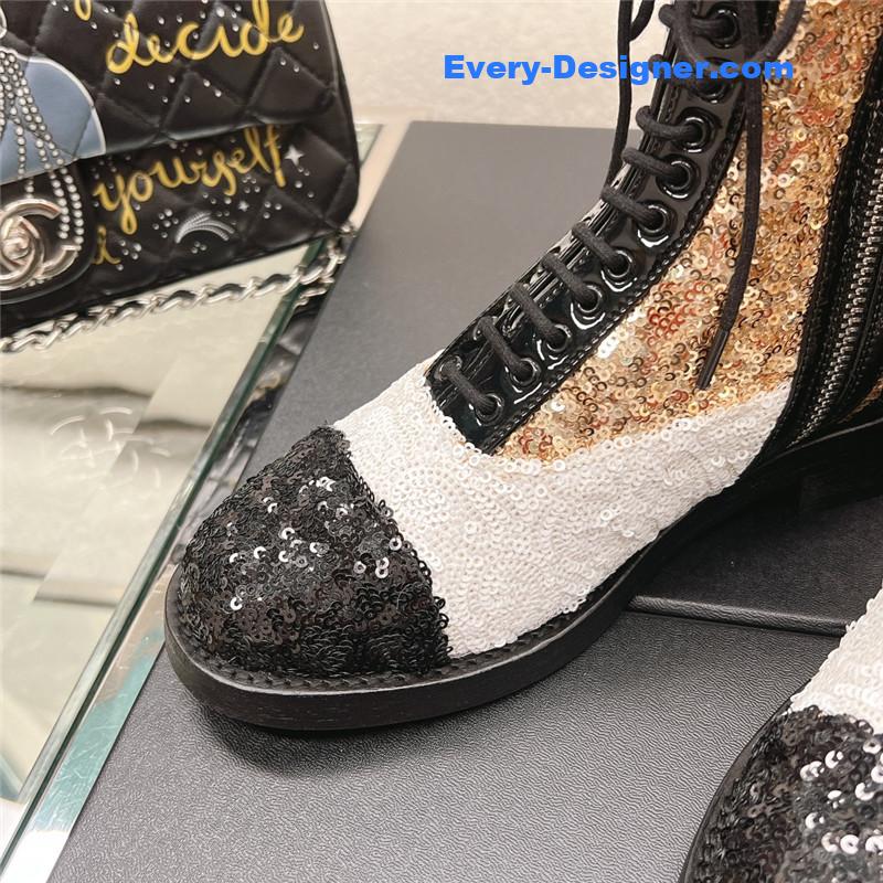 Ch**el sequins calfskin lace-up boots