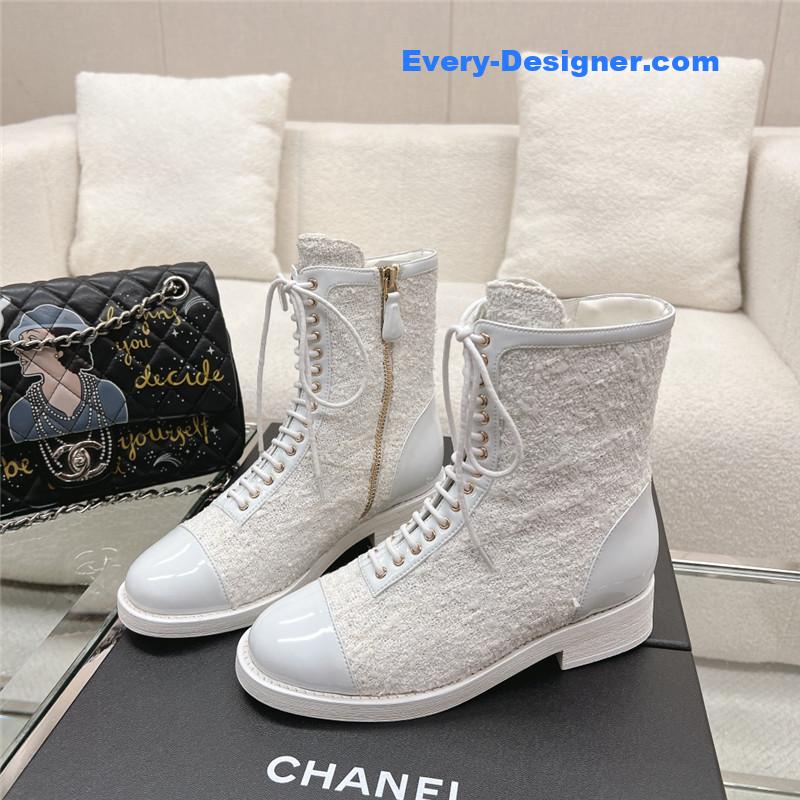 Ch**el tweed patent calfskin lace-up boots white