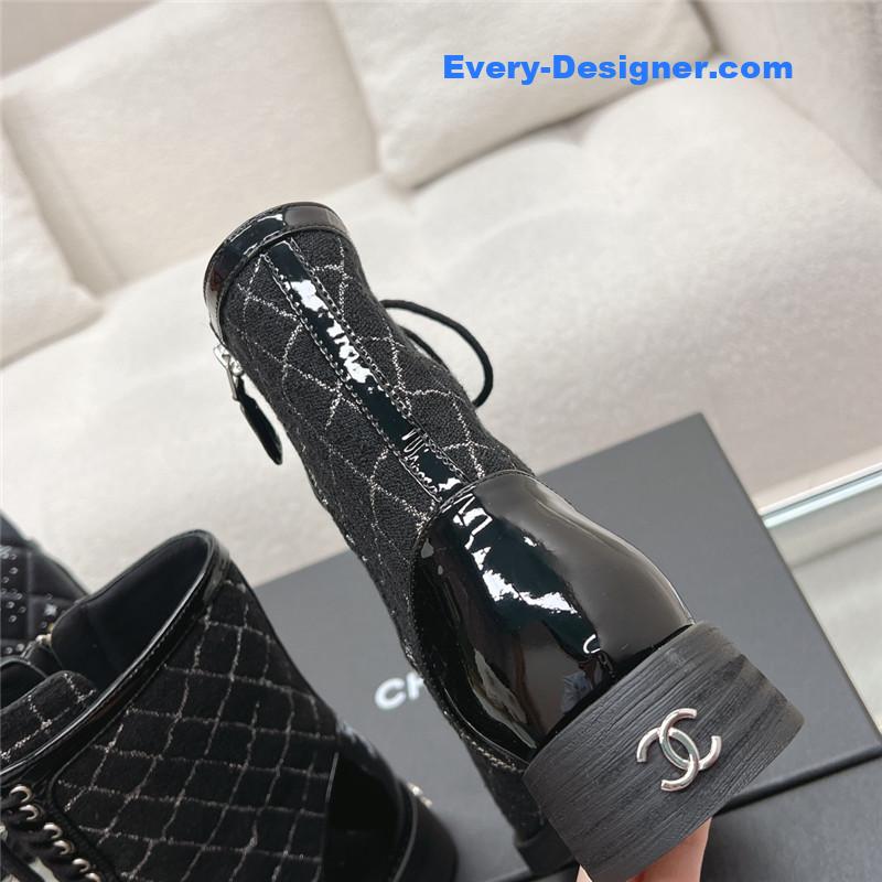 Ch**el tweed patent calfskin lace-up boots