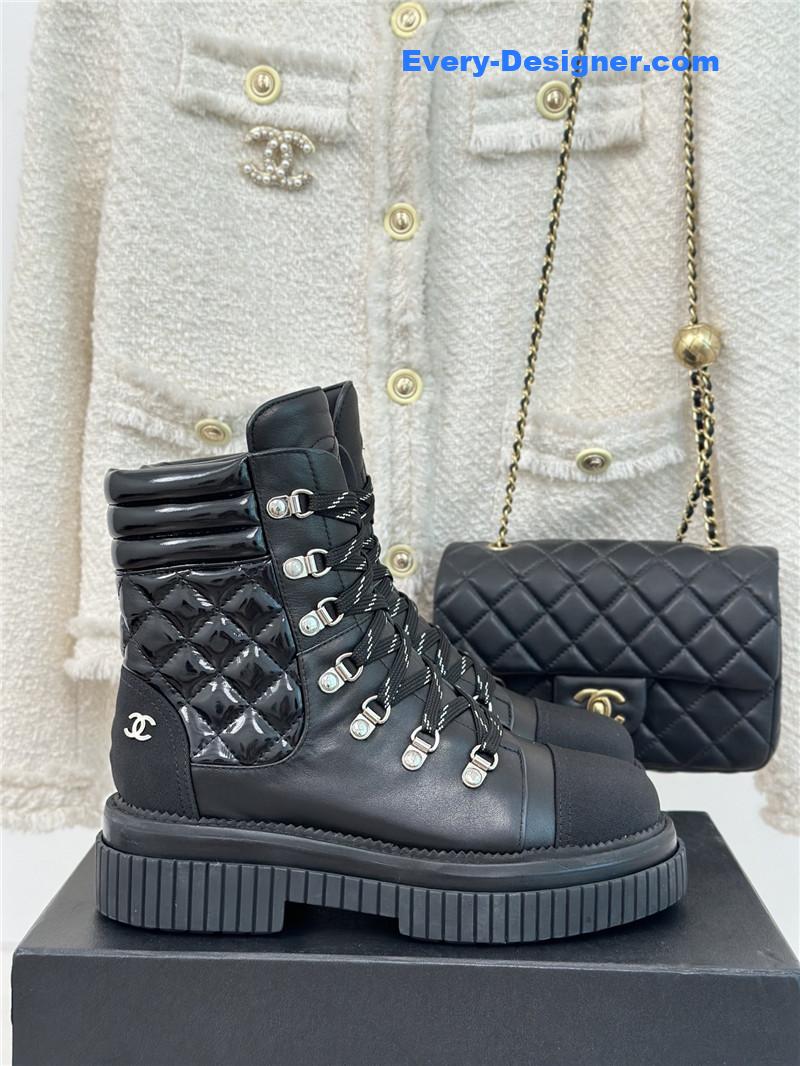 Ch**el calfskin grosgrain quilted lace-up boots