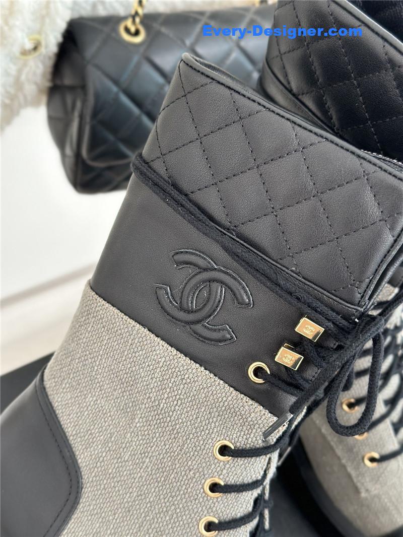 Ch**el gray denim calfskin quilted lace-up boots