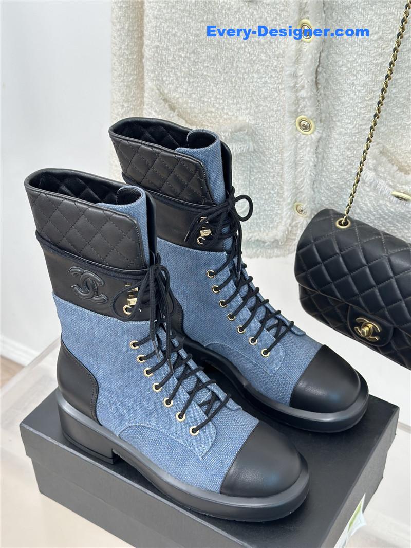 Ch**el denim calfskin quilted lace-up boots