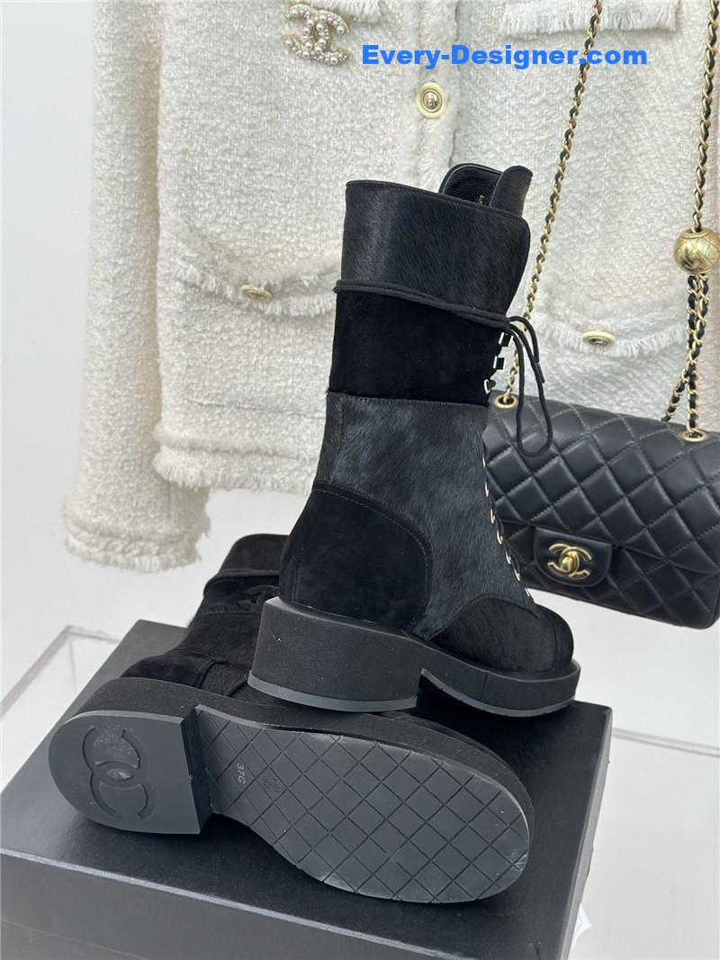 Ch**el black suede leather quilted lace-up boots