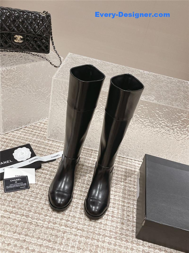 Ch**el flat calfskin zip knee high boots