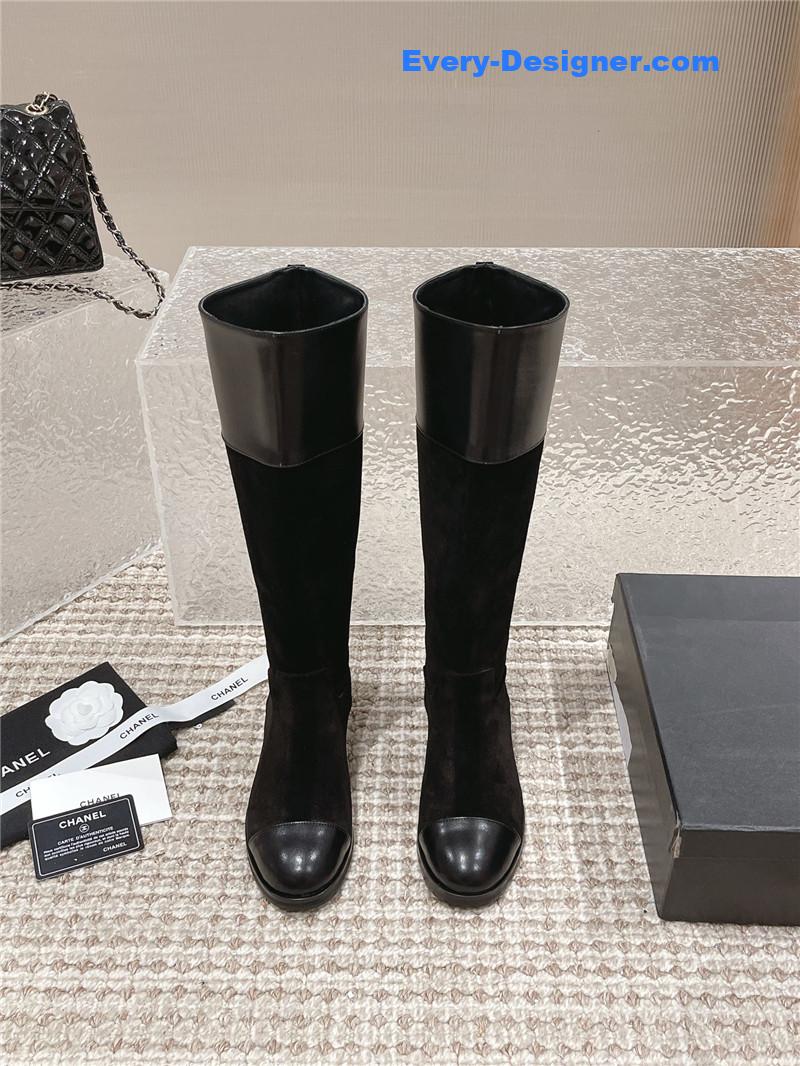 Ch**el flat suede leather zip knee high boots
