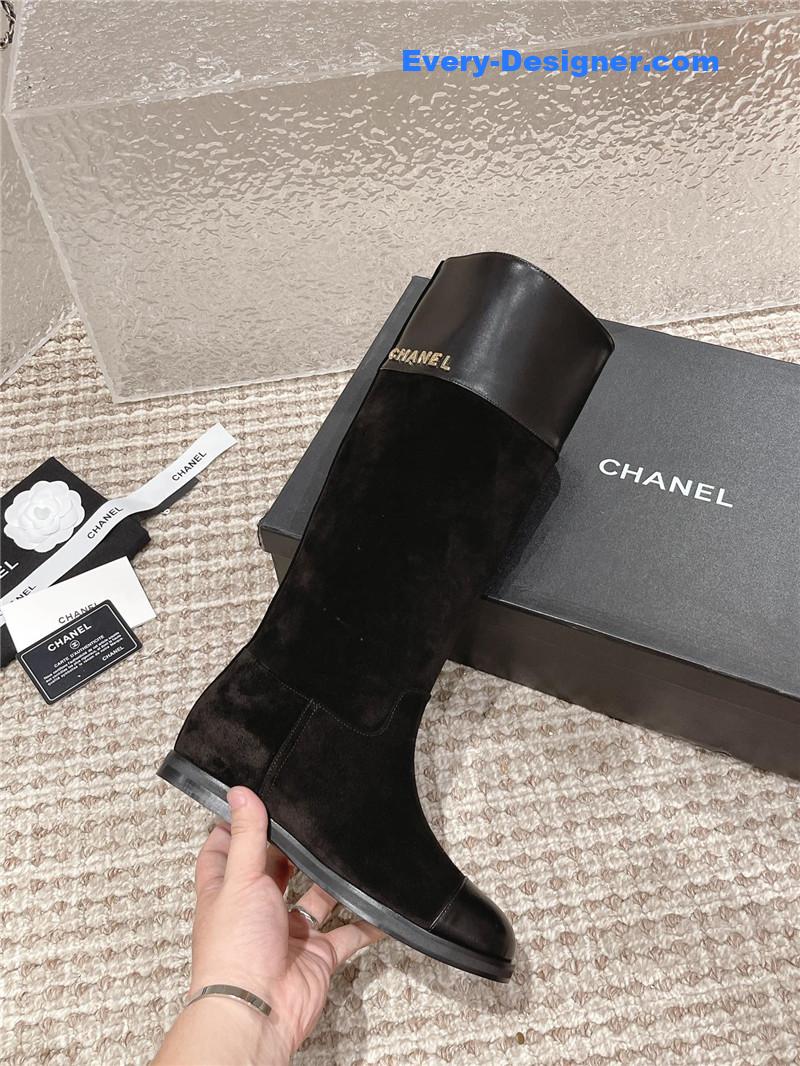 Ch**el flat suede leather zip knee high boots