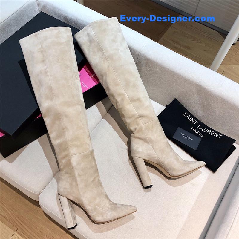 Sa1nt Lau*nt women’s beige suede over-the-knee boots