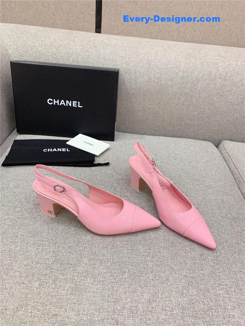Ch**el classic sling back thick heel sandals