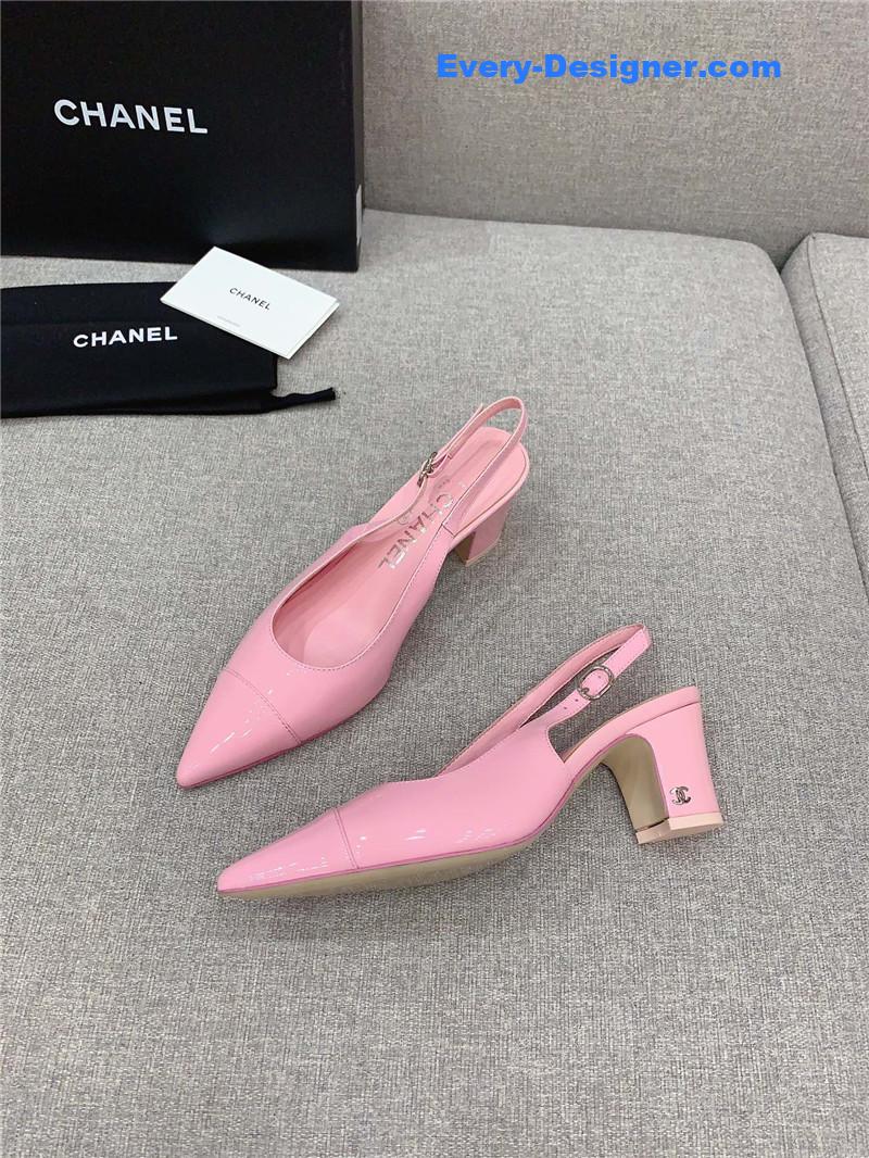 Ch**el classic sling back thick heel sandals