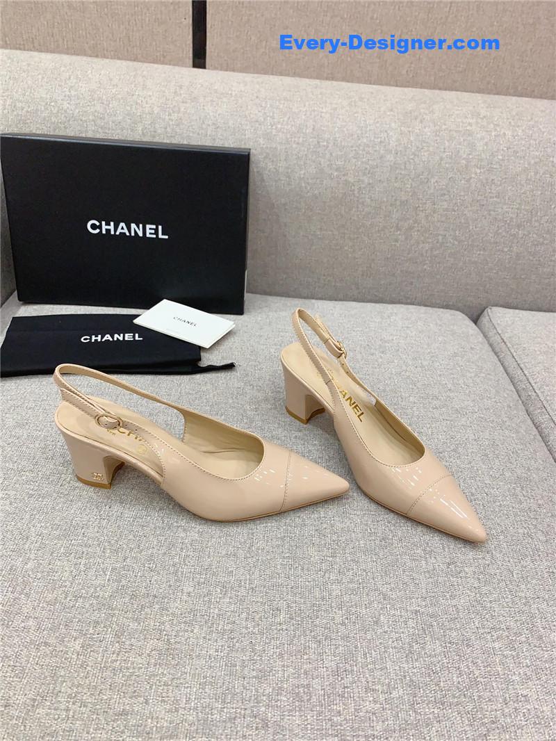 Ch**el classic sling back thick heel sandals