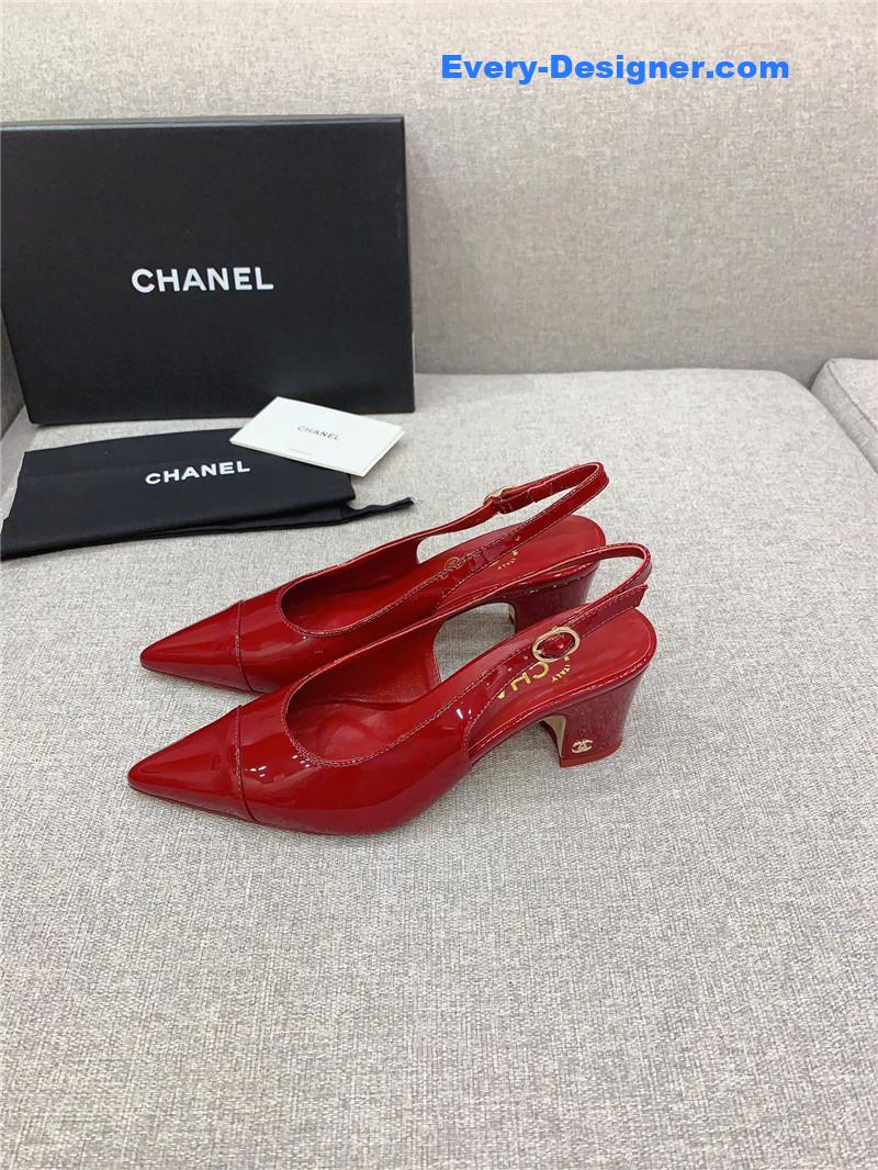 Ch**el classic sling back thick heel sandals