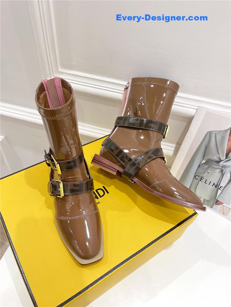 F**di brown patent leather biker boots