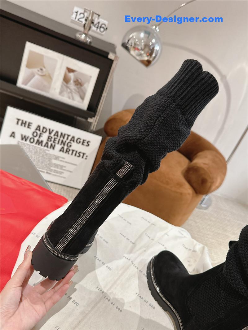 Rene Caovilla Black Knit Leather Knee-High Boots
