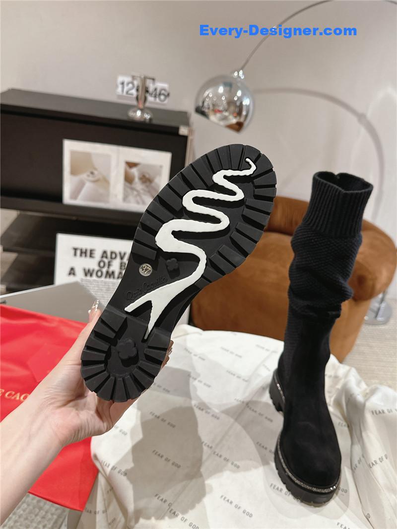 Rene Caovilla Black Knit Leather Knee-High Boots