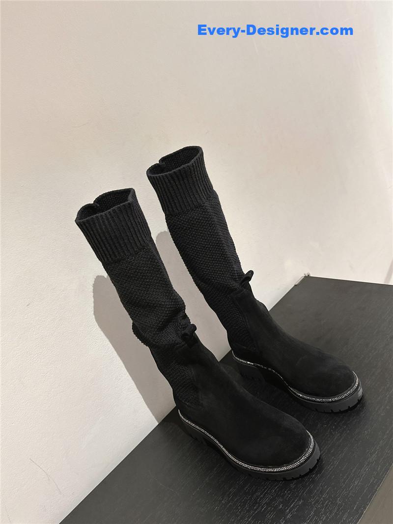 Rene Caovilla Black Knit Leather Knee-High Boots