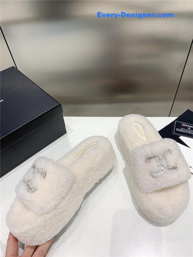 Ch**el double c rhinestone thick sole fur slippers