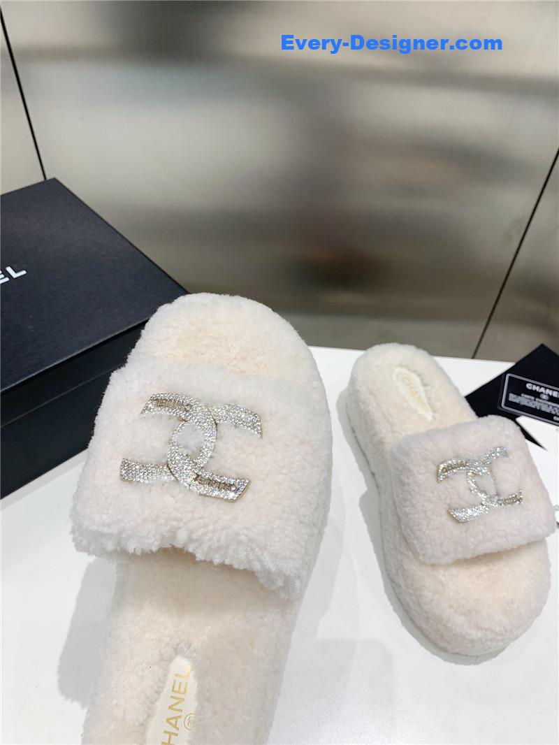 Ch**el double c rhinestone thick sole fur slippers