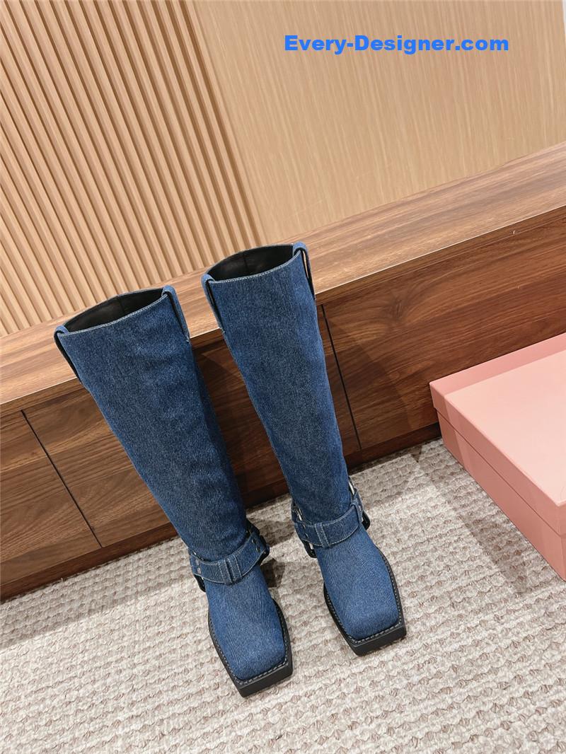Acne Studios Blue Denim Buckle Tall Boots