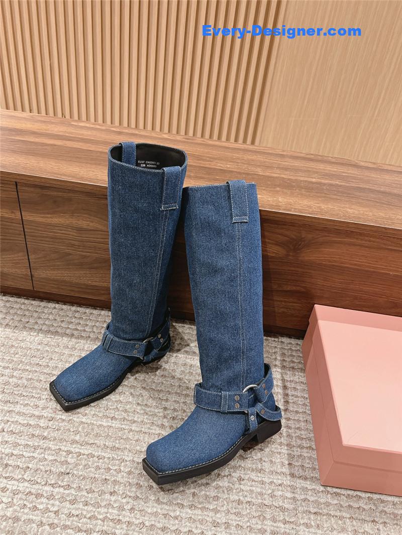 Acne Studios Blue Denim Buckle Tall Boots