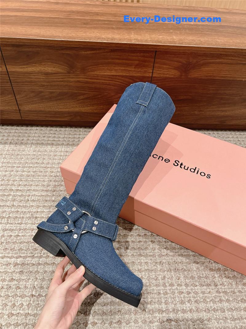 Acne Studios Blue Denim Buckle Tall Boots