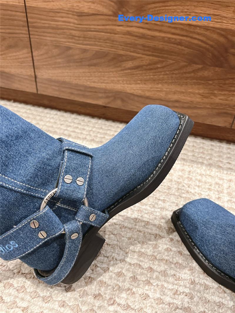 Acne Studios Blue Denim Buckle Tall Boots