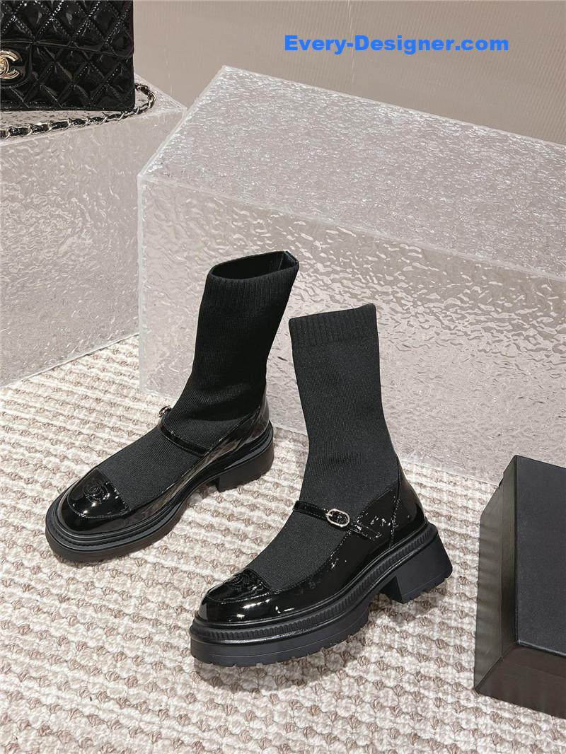 Ch**el front-strap two-tone black ankle boots