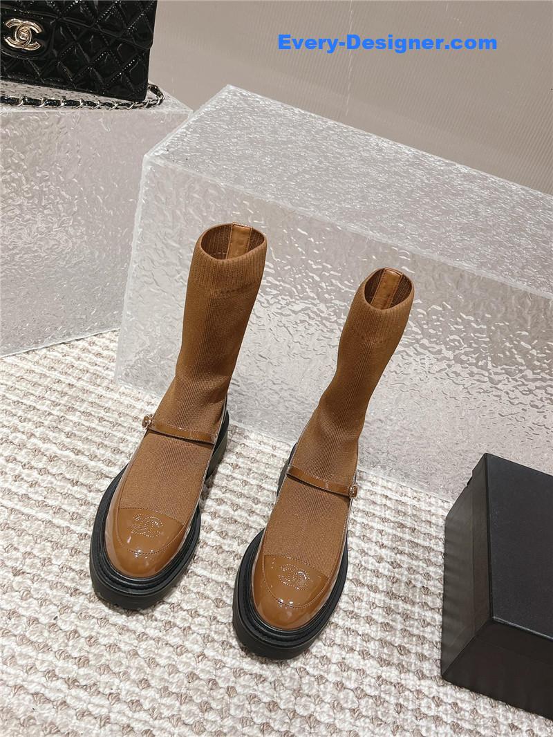 Ch**el front-strap two-tone brown ankle boots