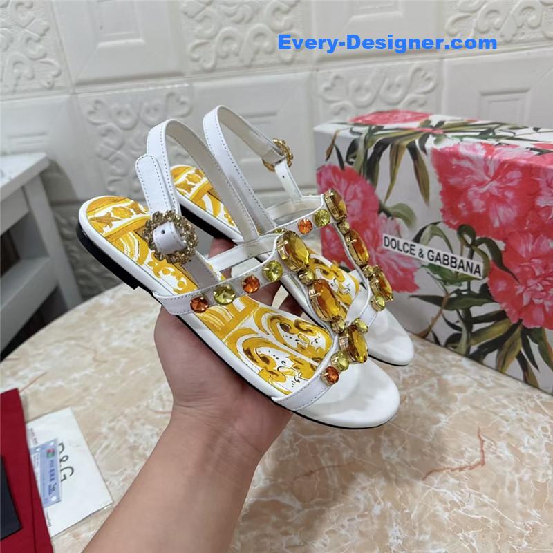 DG Stone Embellished White Pattern Sandals