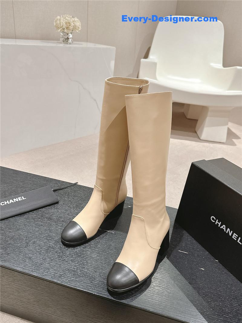 Ch**el beige calfskin knee-high boots for women