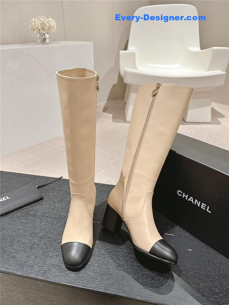 Ch**el beige calfskin knee-high boots for women