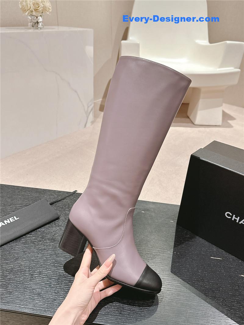 Ch**el purple calfskin knee-high boots for women
