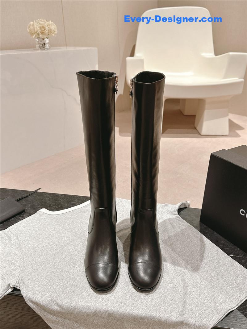 Ch**el black calfskin knee-high boots for women