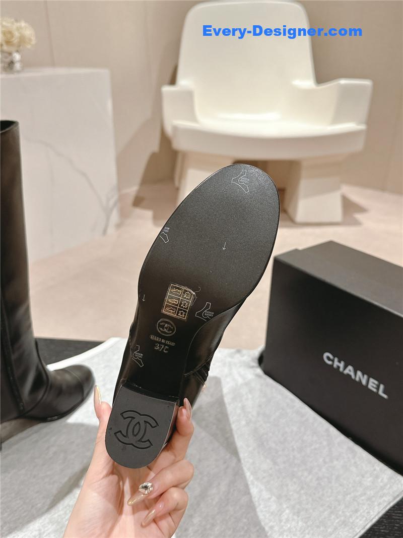 Ch**el black calfskin knee-high boots for women