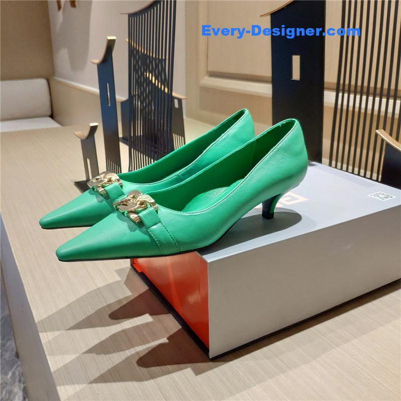 Givenchy Chain Pointed Low Heel Pumps Green Leather