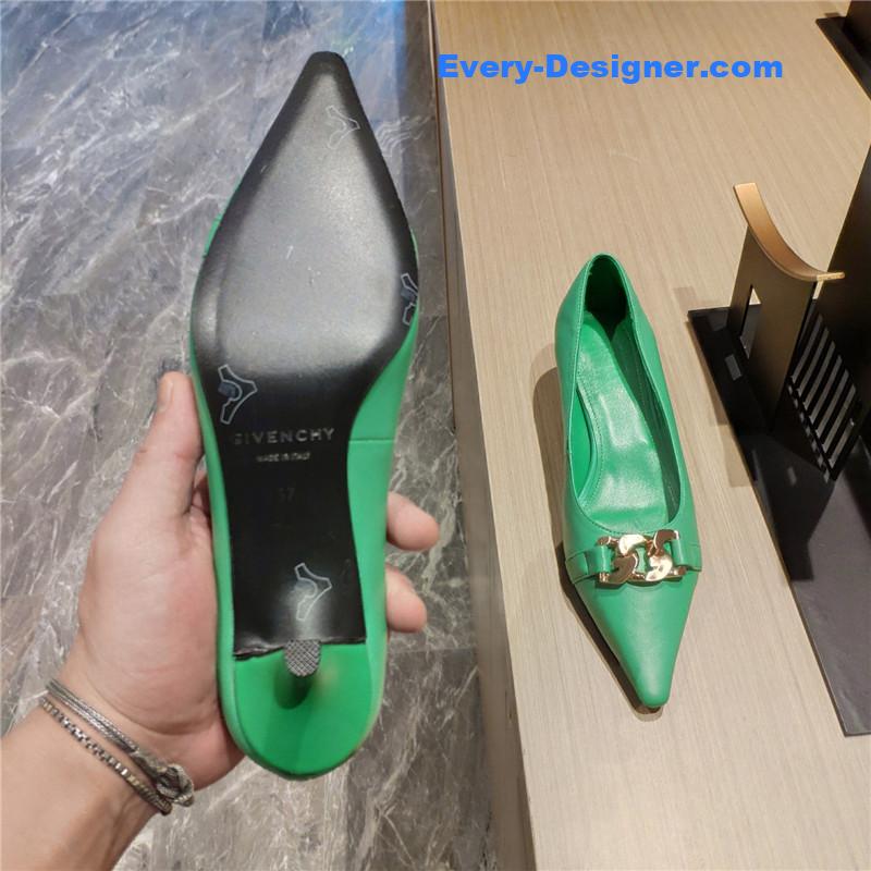 Givenchy Chain Pointed Low Heel Pumps Green Leather