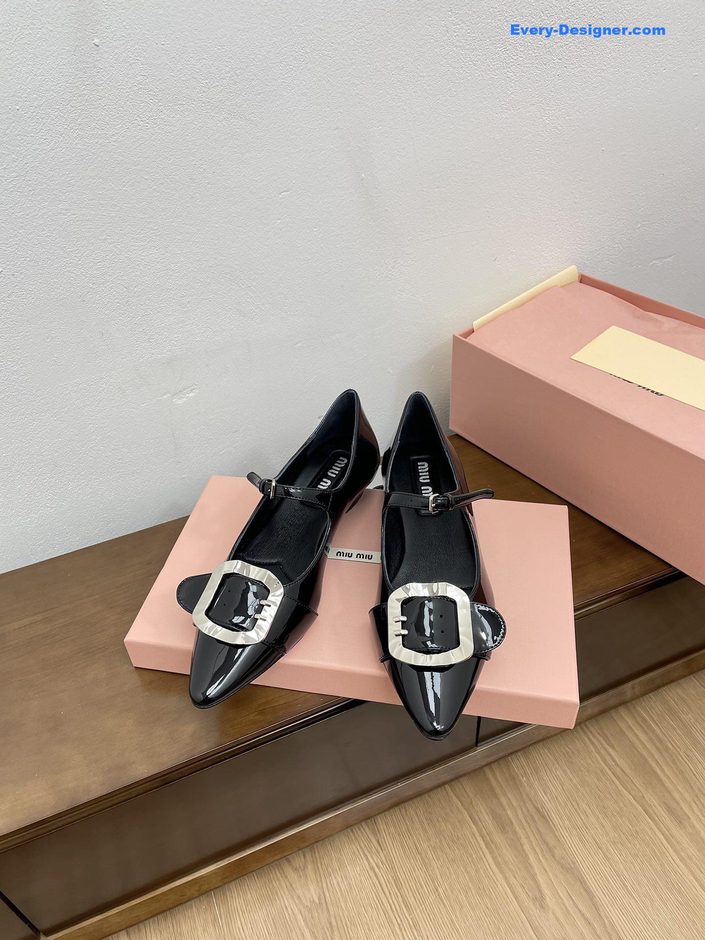 Miu Miu Black Mary Jane Pointed Flats with Belt Buckle