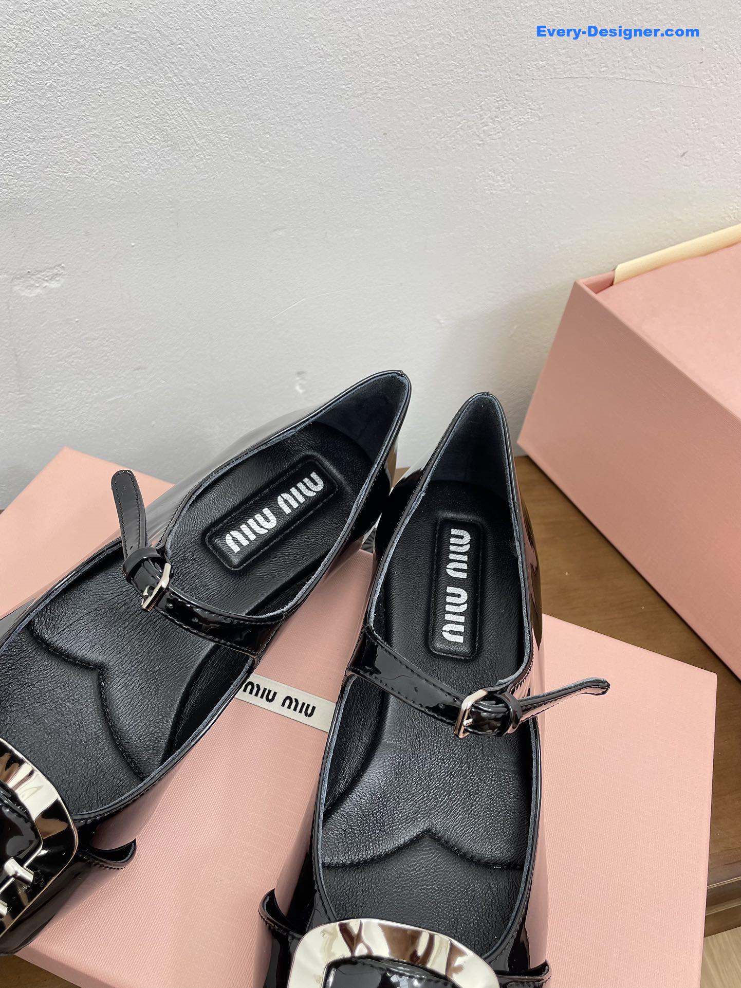Miu Miu Black Mary Jane Pointed Flats with Belt Buckle