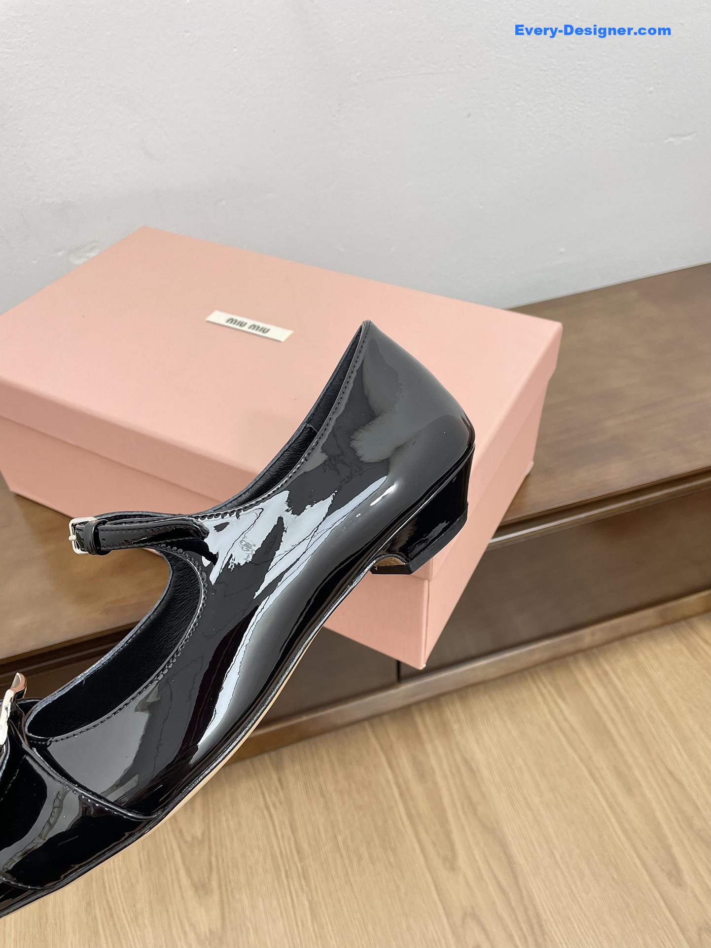Miu Miu Black Mary Jane Pointed Flats with Belt Buckle