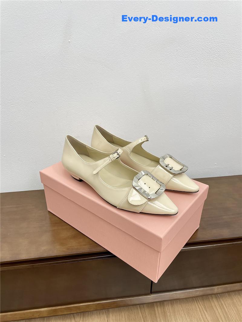 Miu Miu Ivory Mary Jane Pointed Flats with Belt Buckle