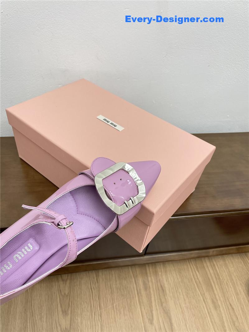 Miu Miu Purple Mary Jane Pointed Flats with Belt Buckle