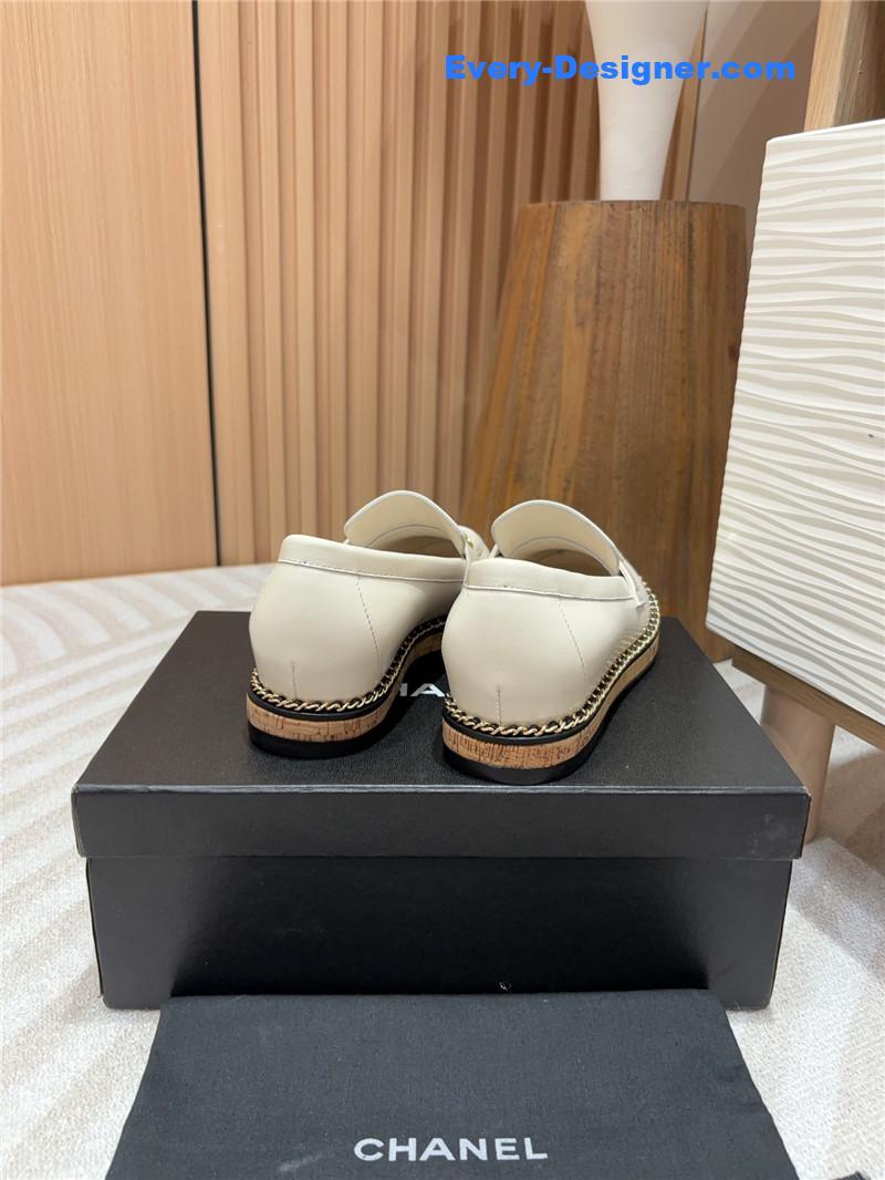 Ch**el metal letter chain trim ivory calfskin loafers