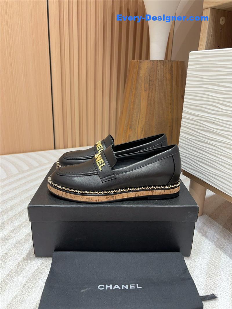 Ch**el metal letter chain trim black calfskin loafers