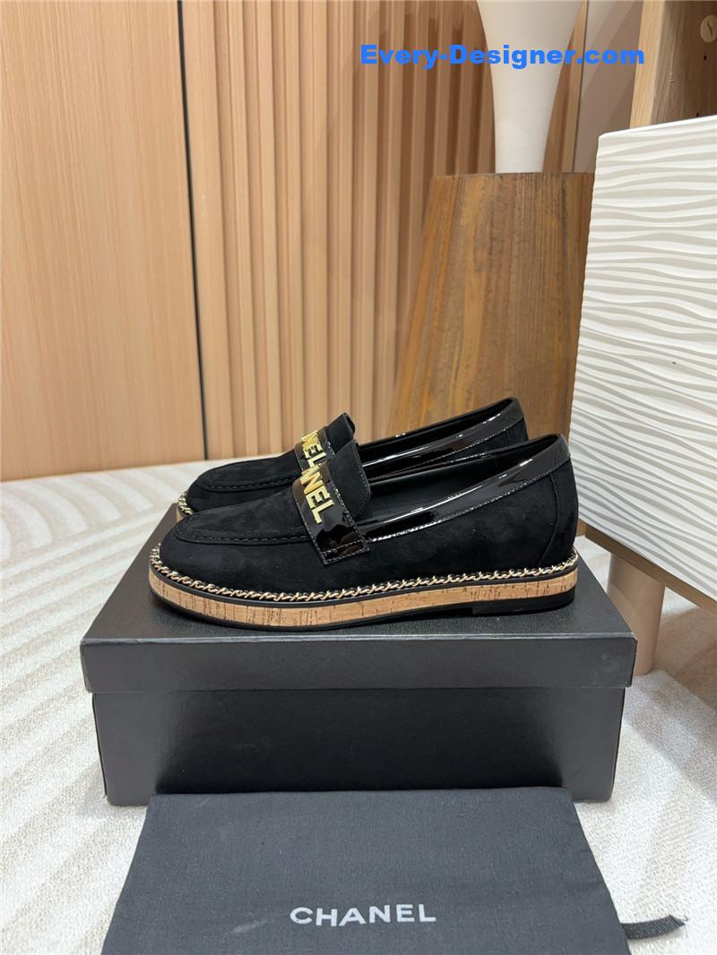 Ch**el metal letter chain trim black suede loafers